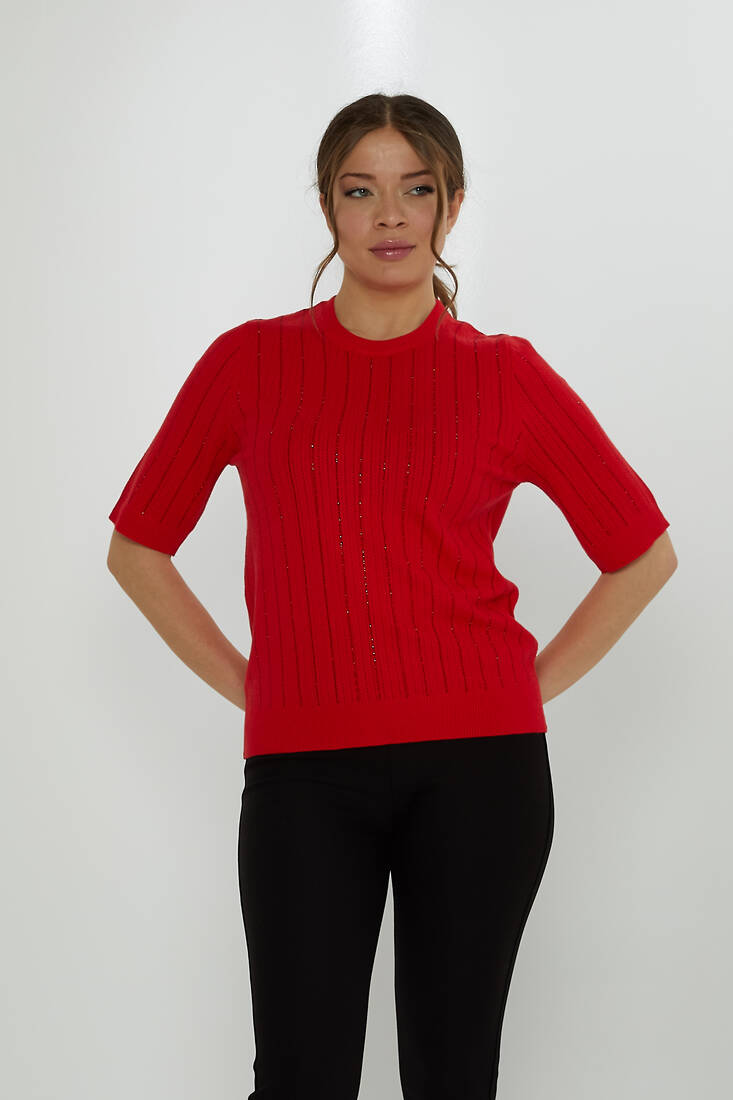 Women's Knitwear American Model Stone Detailed Red - 31094 | KAZEE