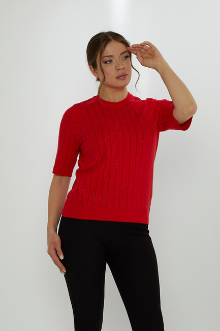 Women's Knitwear American Model Stone Detailed Red - 31094 | KAZEE - Thumbnail