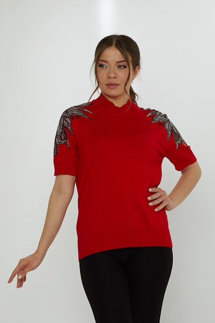 Women's Knitwear American Model Shoulder Stone Detail Red - 31679 | KAZEE - Thumbnail