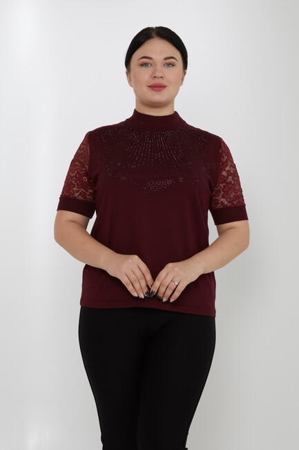 Women's Knitwear American Model Stone Embroidered Tulle Detailed Burgundy - 30959 | KAZEE - Thumbnail