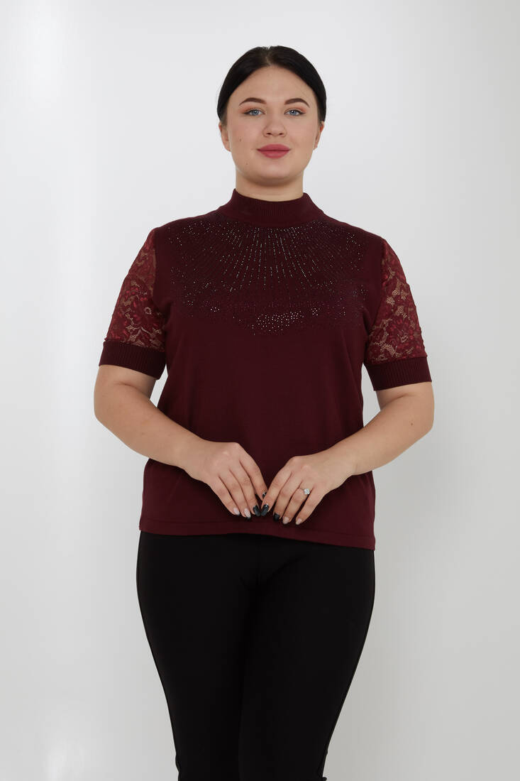 Women's Knitwear American Model Stone Embroidered Tulle Detailed Burgundy - 30959 | KAZEE