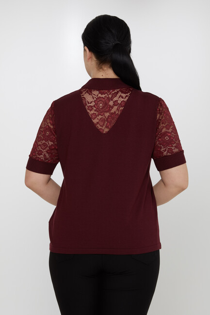 Women's Knitwear American Model Stone Embroidered Tulle Detailed Burgundy - 30959 | KAZEE - Thumbnail