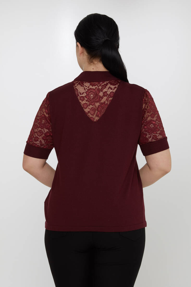 Women's Knitwear American Model Stone Embroidered Tulle Detailed Burgundy - 30959 | KAZEE