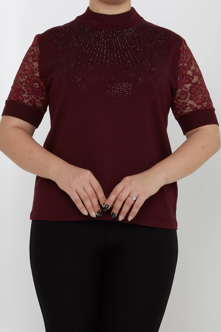 Women's Knitwear American Model Stone Embroidered Tulle Detailed Burgundy - 30959 | KAZEE