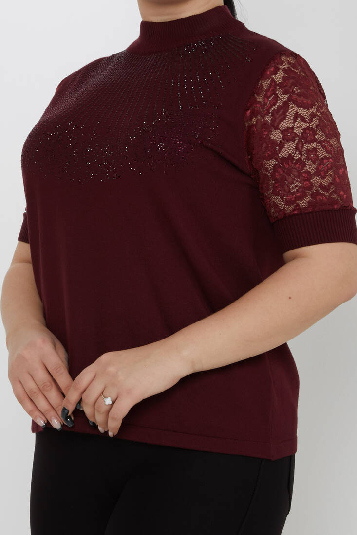 Women's Knitwear American Model Stone Embroidered Tulle Detailed Burgundy - 30959 | KAZEE