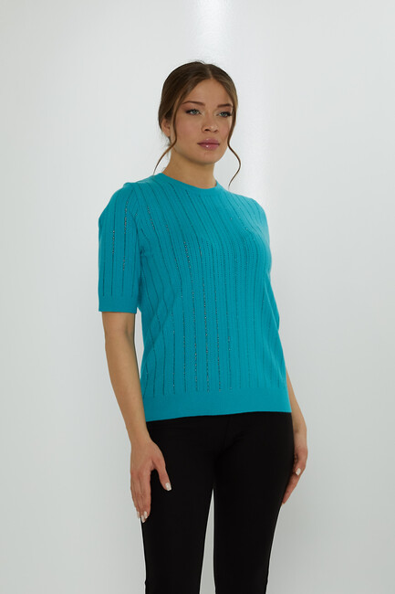 Women's Knitwear American Model Stone Detailed Turquoise - 31094 | KAZEE - Thumbnail