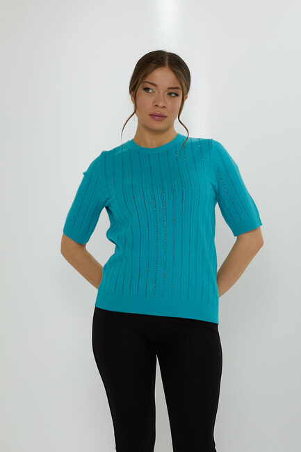 Women's Knitwear American Model Stone Detailed Turquoise - 31094 | KAZEE - Thumbnail