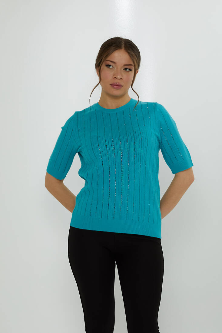 Women's Knitwear American Model Stone Detailed Turquoise - 31094 | KAZEE