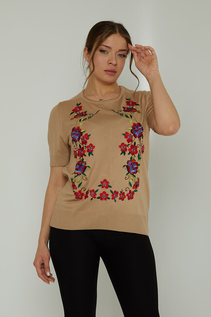 Women's Knitwear Crew Neck Stone Embroidered Beige - 31728 | KAZEE - Thumbnail