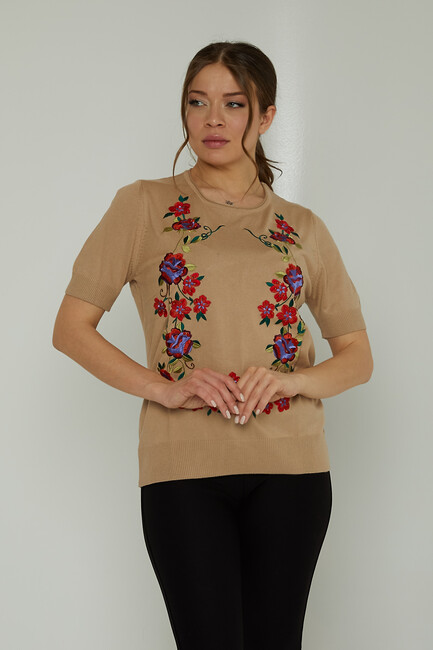 Women's Knitwear Crew Neck Stone Embroidered Beige - 31728 | KAZEE - Thumbnail