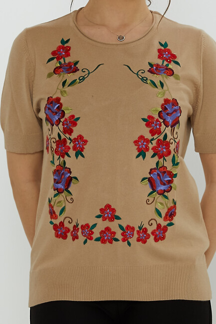 Women's Knitwear Crew Neck Stone Embroidered Beige - 31728 | KAZEE - Thumbnail