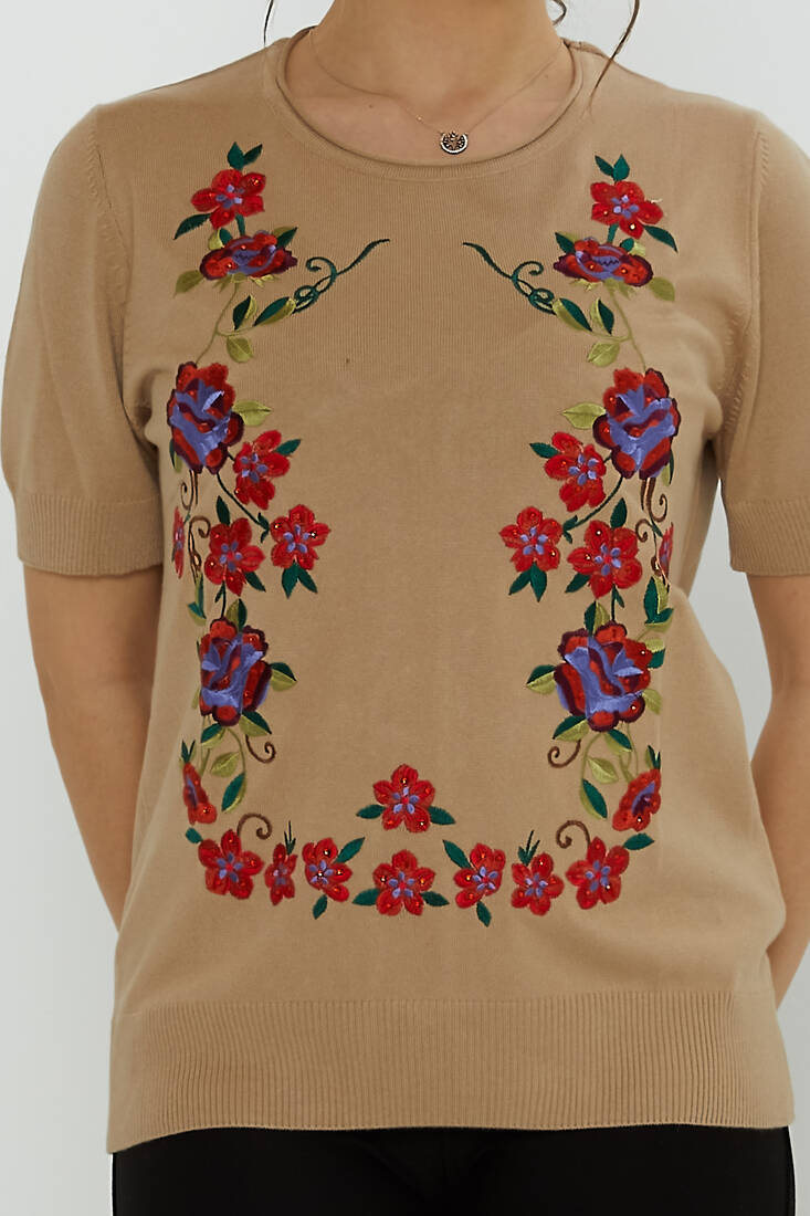 Women's Knitwear Crew Neck Stone Embroidered Beige - 31728 | KAZEE