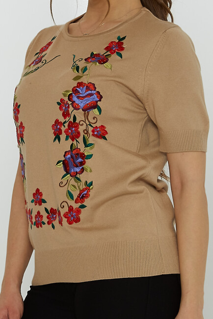 Women's Knitwear Crew Neck Stone Embroidered Beige - 31728 | KAZEE - Thumbnail