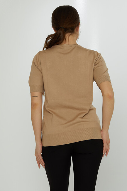 Women's Knitwear Crew Neck Stone Embroidered Beige - 31728 | KAZEE - Thumbnail