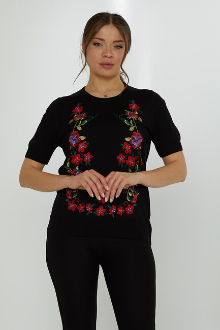 Women's Knitwear Crew Neck Stone Embroidered Black - 31728 | KAZEE - Thumbnail