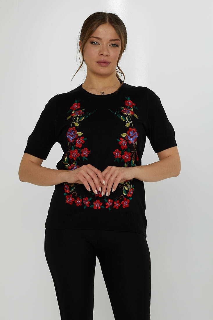 Women's Knitwear Crew Neck Stone Embroidered Black - 31728 | KAZEE