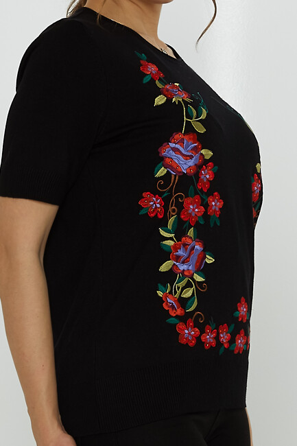 Women's Knitwear Crew Neck Stone Embroidered Black - 31728 | KAZEE - Thumbnail