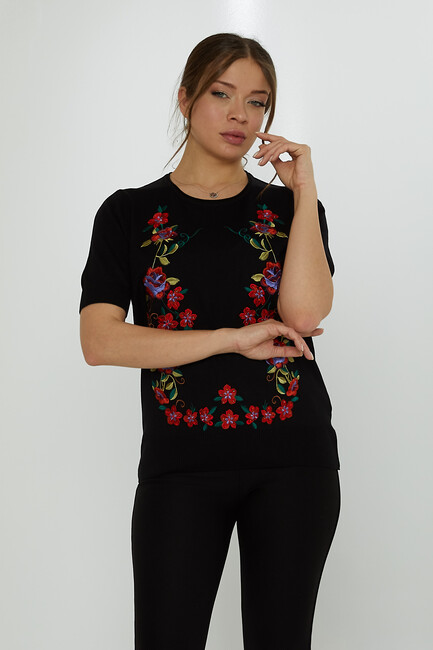 Women's Knitwear Crew Neck Stone Embroidered Black - 31728 | KAZEE - Thumbnail