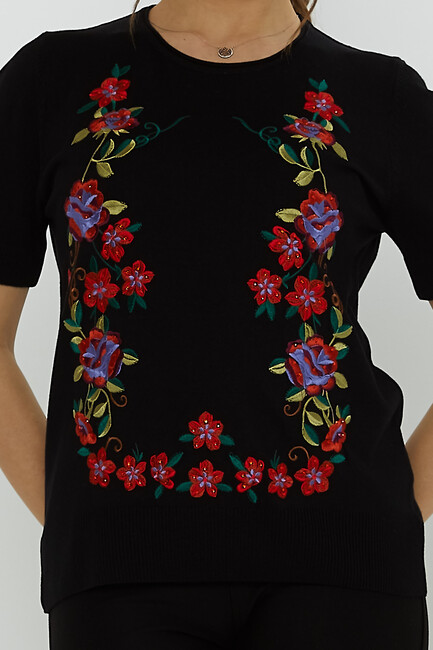 Women's Knitwear Crew Neck Stone Embroidered Black - 31728 | KAZEE - Thumbnail