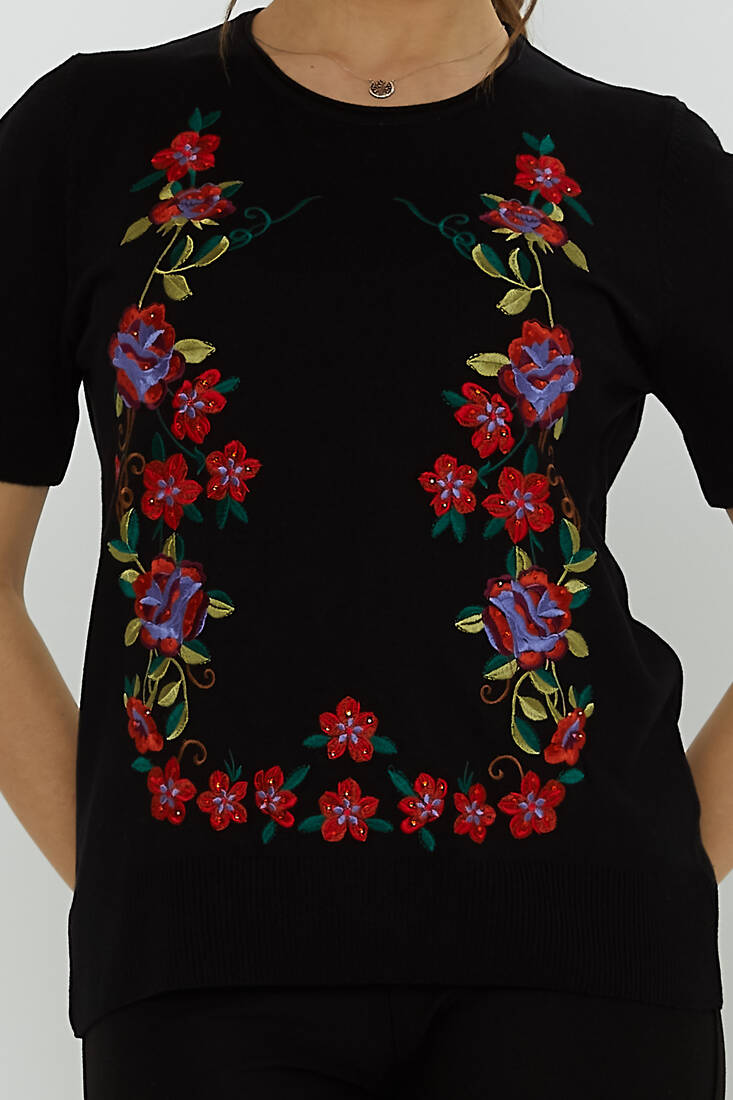 Women's Knitwear Crew Neck Stone Embroidered Black - 31728 | KAZEE