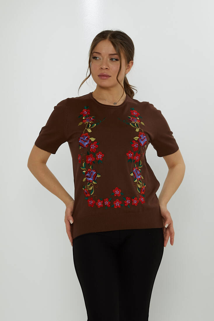 Women's Knitwear Crew Neck Stone Embroidered Brown - 31728 | KAZEE