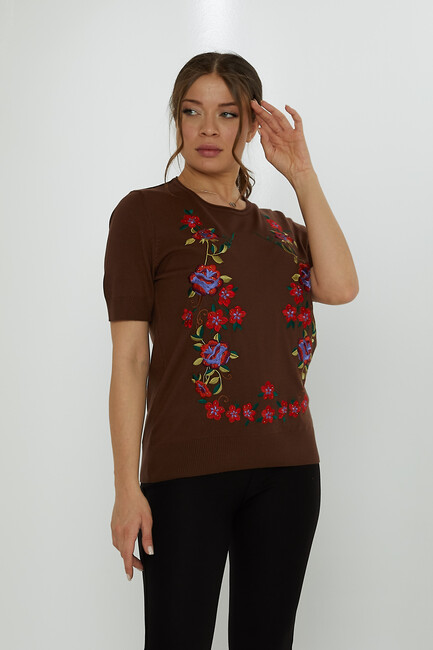 Women's Knitwear Crew Neck Stone Embroidered Brown - 31728 | KAZEE - Thumbnail