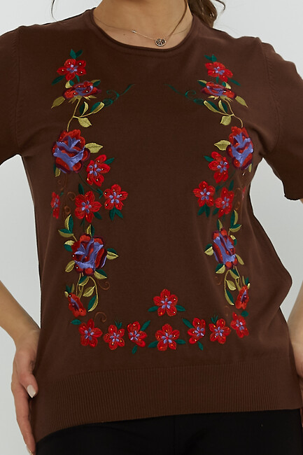 Women's Knitwear Crew Neck Stone Embroidered Brown - 31728 | KAZEE - Thumbnail