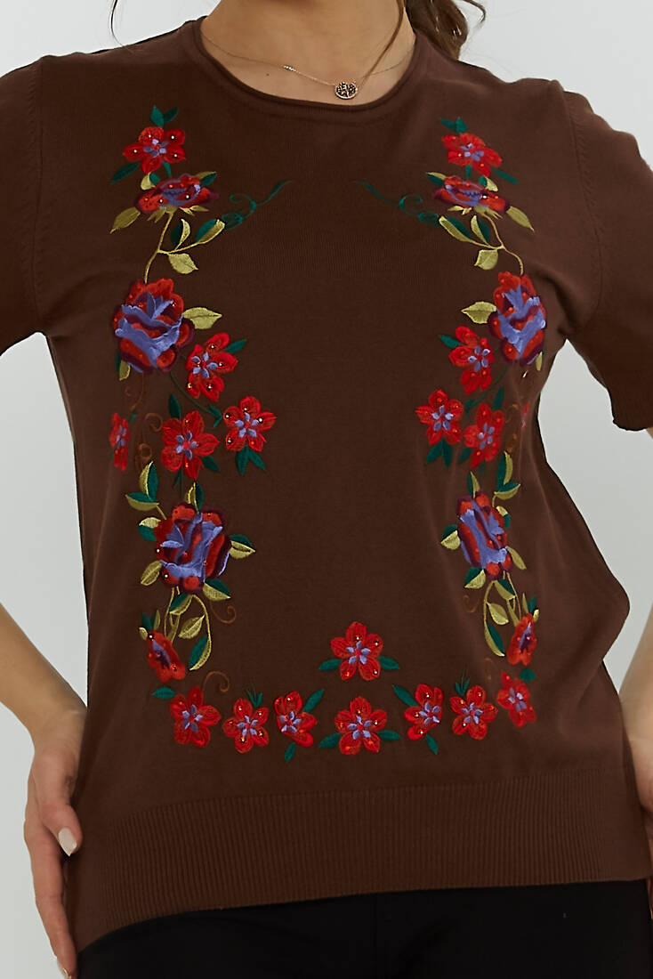 Women's Knitwear Crew Neck Stone Embroidered Brown - 31728 | KAZEE