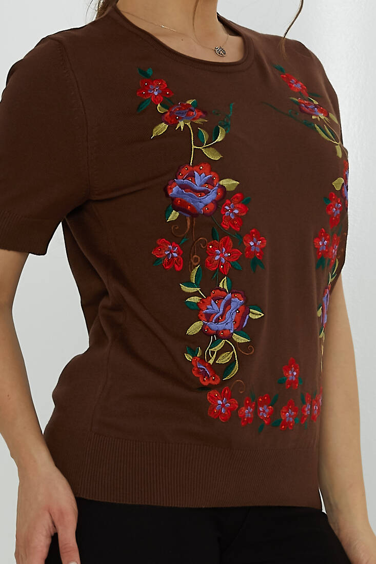 Women's Knitwear Crew Neck Stone Embroidered Brown - 31728 | KAZEE