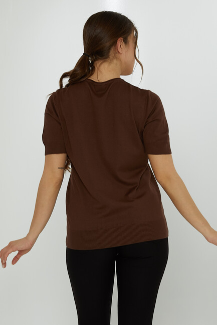 Women's Knitwear Crew Neck Stone Embroidered Brown - 31728 | KAZEE - Thumbnail