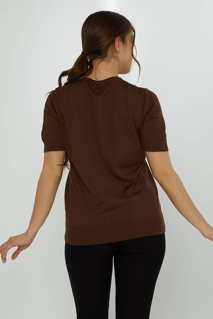 Women's Knitwear Crew Neck Stone Embroidered Brown - 31728 | KAZEE