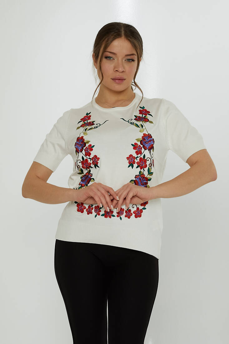 Women's Knitwear Crew Neck Stone Embroidered Ecru - 31728 | KAZEE