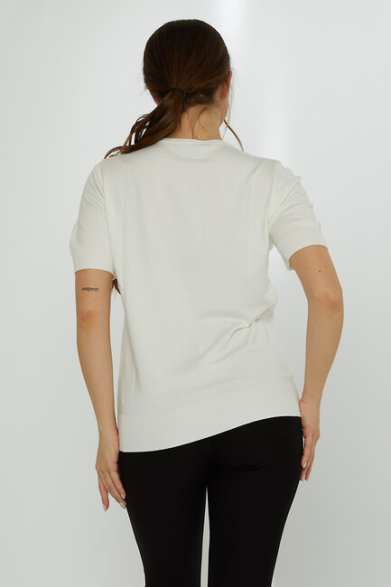 Women's Knitwear Crew Neck Stone Embroidered Ecru - 31728 | KAZEE - Thumbnail