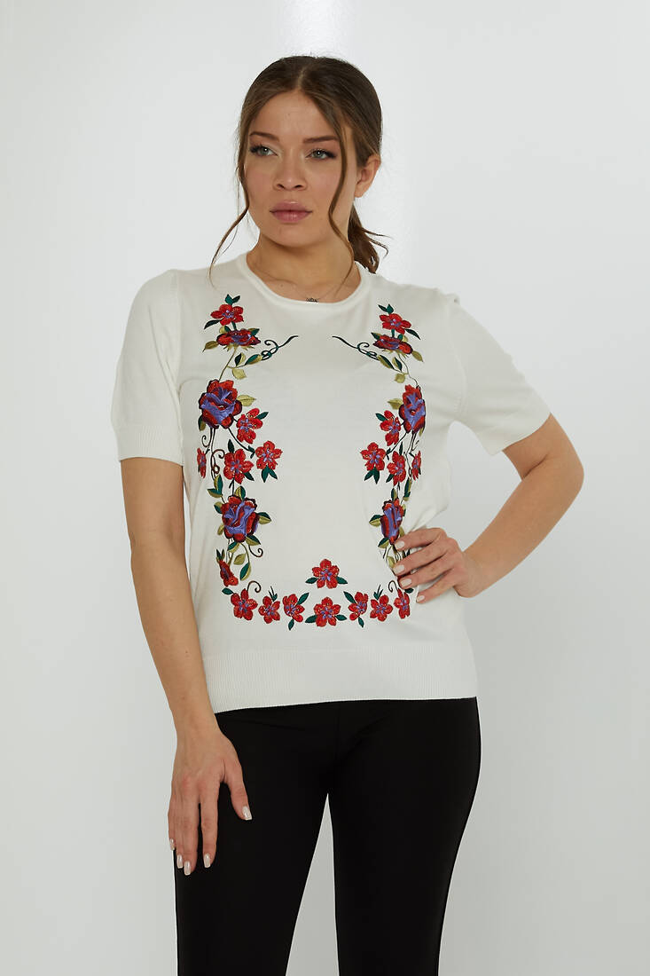 Women's Knitwear Crew Neck Stone Embroidered Ecru - 31728 | KAZEE