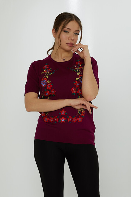 Women's Knitwear Crew Neck Stone Embroidered Violet - 31728 | KAZEE - Thumbnail