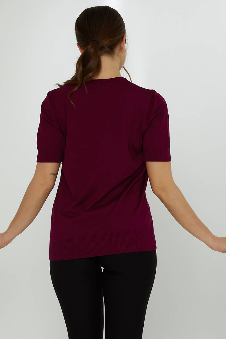 Women's Knitwear Crew Neck Stone Embroidered Violet - 31728 | KAZEE