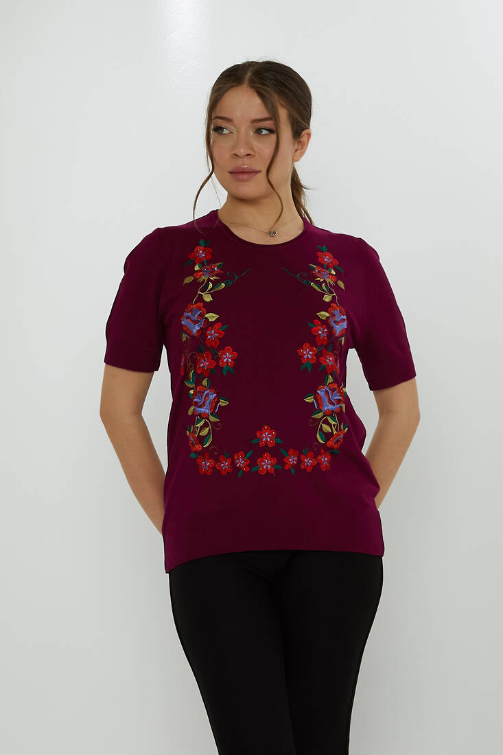 Women's Knitwear Crew Neck Stone Embroidered Violet - 31728 | KAZEE