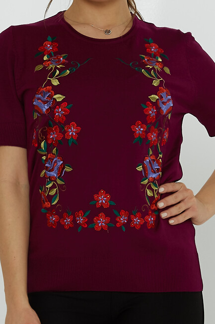 Women's Knitwear Crew Neck Stone Embroidered Violet - 31728 | KAZEE - Thumbnail