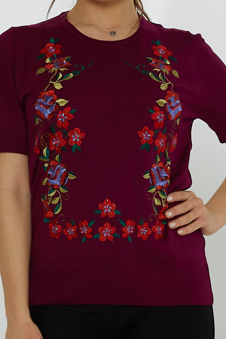 Women's Knitwear Crew Neck Stone Embroidered Violet - 31728 | KAZEE