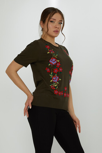 Women's Knitwear Crew Neck Stone Embroidered Vert - 31728 | KAZEE - Thumbnail