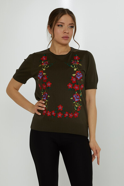 Women's Knitwear Crew Neck Stone Embroidered Vert - 31728 | KAZEE - Thumbnail