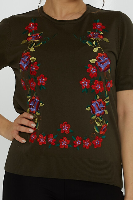 Women's Knitwear Crew Neck Stone Embroidered Vert - 31728 | KAZEE - Thumbnail