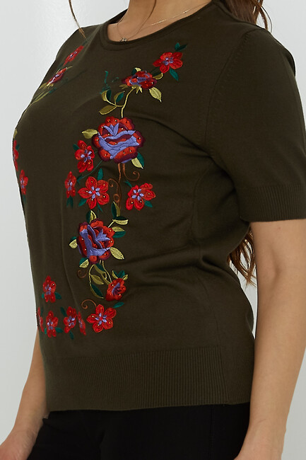 Women's Knitwear Crew Neck Stone Embroidered Vert - 31728 | KAZEE - Thumbnail