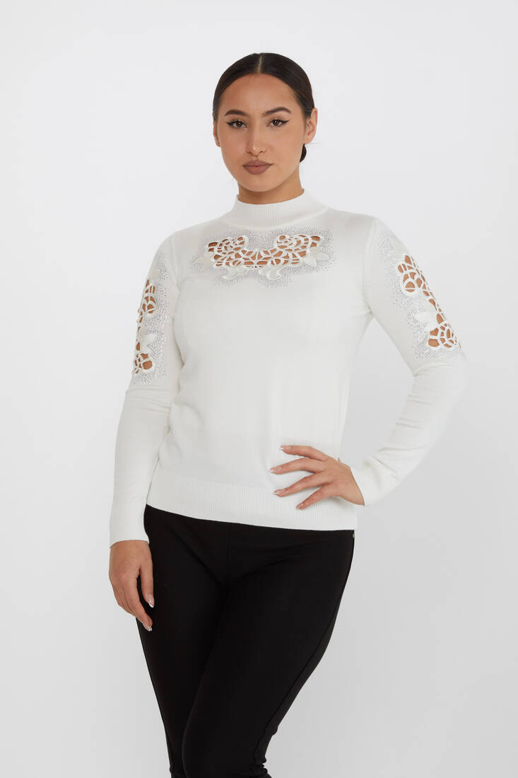 Women's Knitwear Embroidered Detail Ecru - 31262 | KAZEE