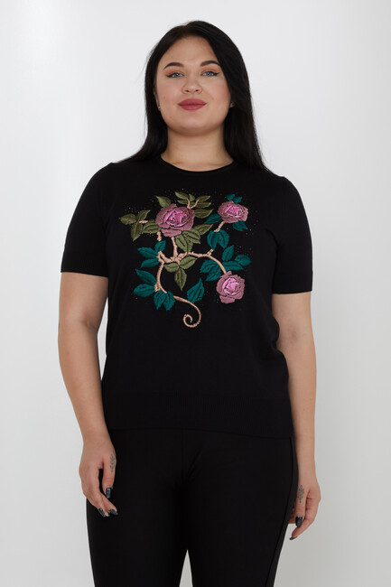 Women's Knitwear American Model Embroidered Floral Pattern Black - 30988 | KAZEE - Thumbnail