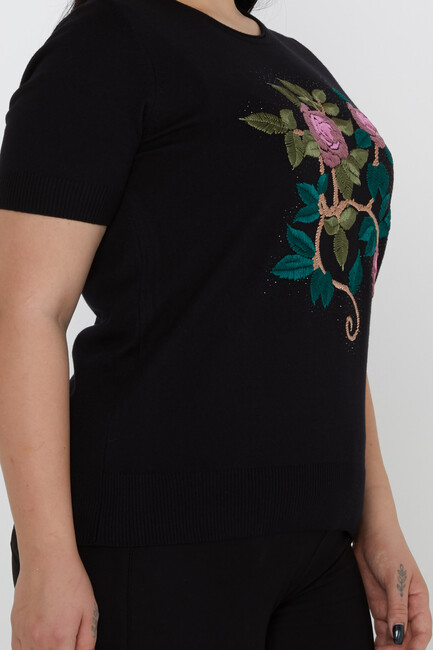 Women's Knitwear American Model Embroidered Floral Pattern Black - 30988 | KAZEE - Thumbnail