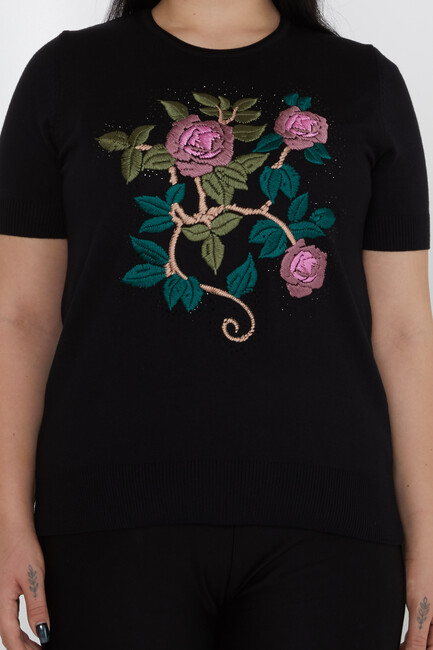 Women's Knitwear American Model Embroidered Floral Pattern Black - 30988 | KAZEE - Thumbnail