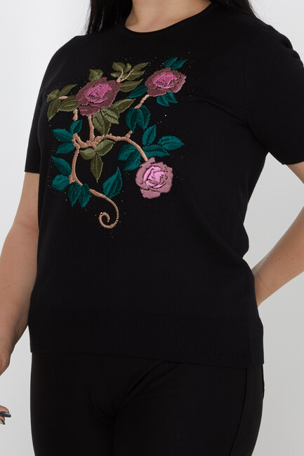 Women's Knitwear American Model Embroidered Floral Pattern Black - 30988 | KAZEE - Thumbnail