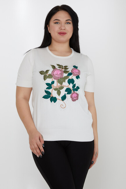 Women's Knitwear American Model Embroidered Floral Patterned Ecru - 30988 | KAZEE - Thumbnail