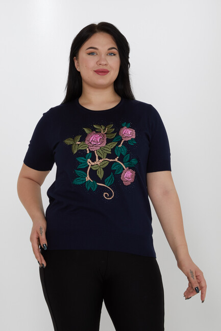 Women's Knitwear American Model Embroidered Floral Pattern Navy Blue - 30988 | KAZEE - Thumbnail